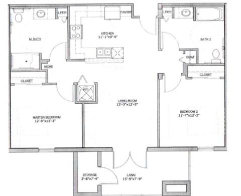 Floor plan for 2 beds, 2 baths, 961 sqft